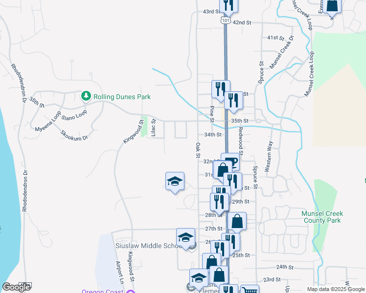 map of restaurants, bars, coffee shops, grocery stores, and more near 3321 Oak Street in Florence