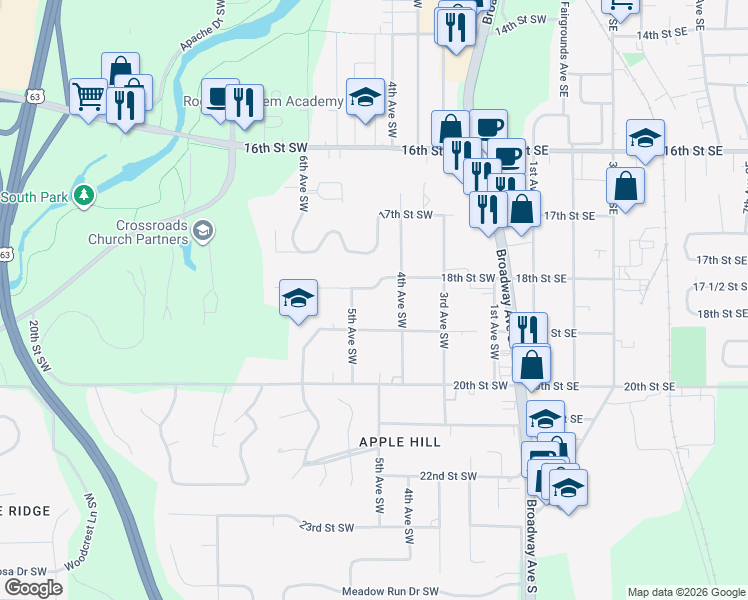 map of restaurants, bars, coffee shops, grocery stores, and more near 412 18th Street Southwest in Rochester