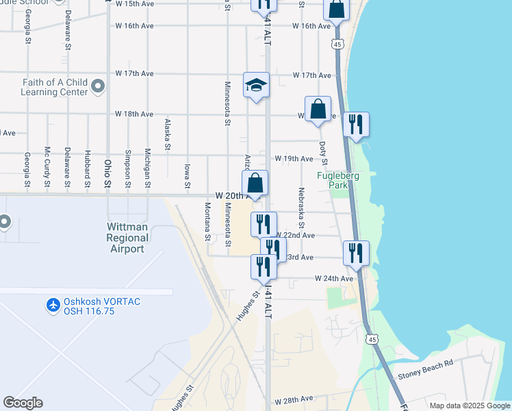 map of restaurants, bars, coffee shops, grocery stores, and more near 215 West 20th Avenue in Oshkosh