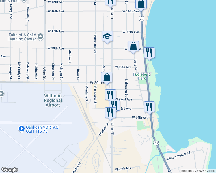 map of restaurants, bars, coffee shops, grocery stores, and more near 215 West 20th Avenue in Oshkosh