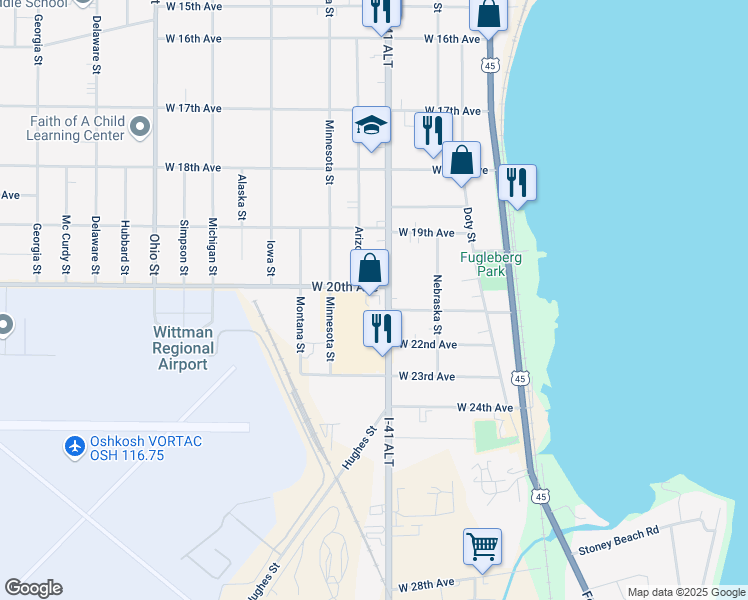 map of restaurants, bars, coffee shops, grocery stores, and more near 215 West 20th Avenue in Oshkosh