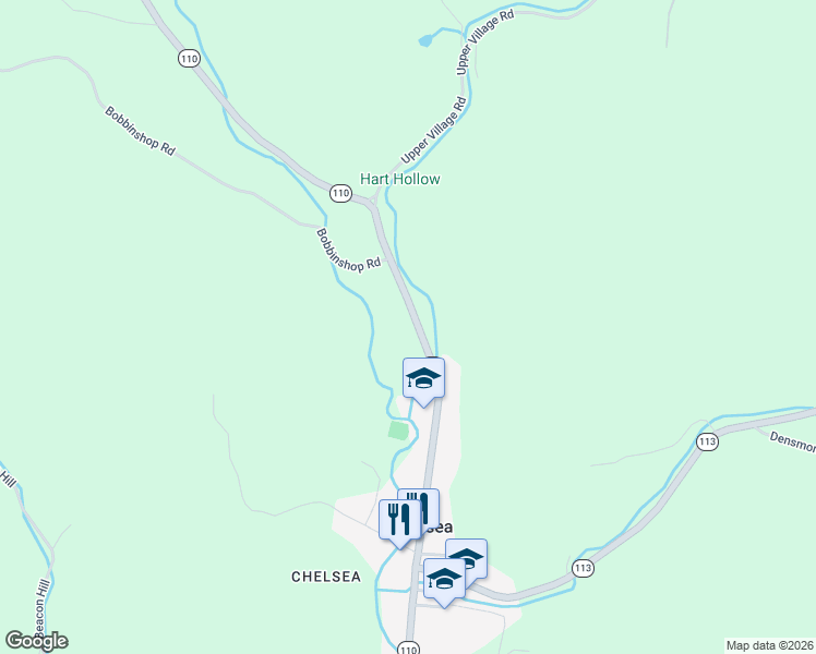 map of restaurants, bars, coffee shops, grocery stores, and more near 345 Vermont 110 in Chelsea