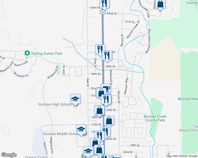 map of restaurants, bars, coffee shops, grocery stores, and more near 3287 U.S. 101 in Florence