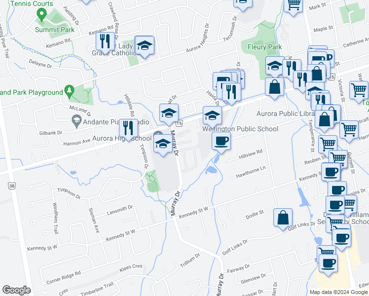 map of restaurants, bars, coffee shops, grocery stores, and more near 125 Milestone Crescent in Aurora