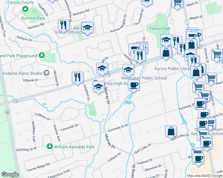 map of restaurants, bars, coffee shops, grocery stores, and more near 125 Milestone Crescent in Aurora