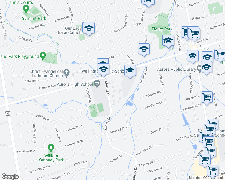 map of restaurants, bars, coffee shops, grocery stores, and more near 121 Milestone Crescent in Aurora