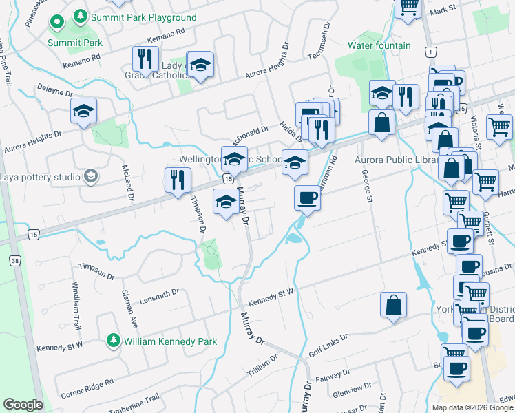 map of restaurants, bars, coffee shops, grocery stores, and more near 129 Milestone Crescent in Aurora