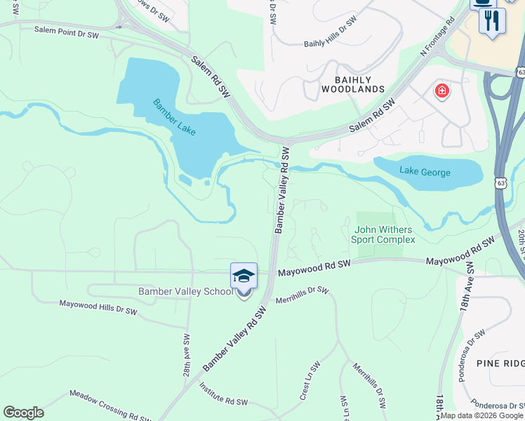 map of restaurants, bars, coffee shops, grocery stores, and more near 1901 Bamber Valley Road Southwest in Rochester