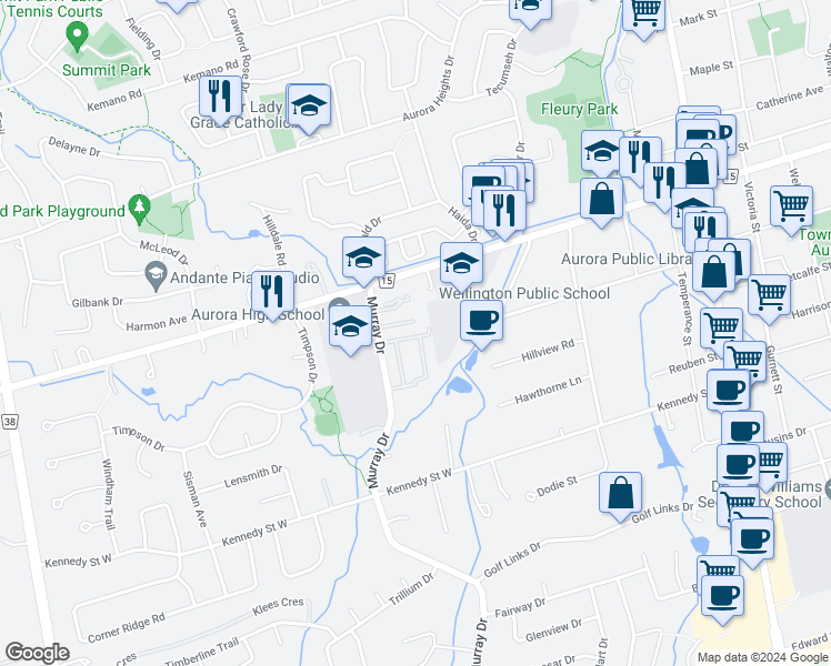 map of restaurants, bars, coffee shops, grocery stores, and more near 159 Milestone Crescent in Aurora