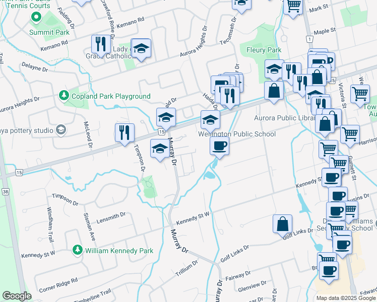 map of restaurants, bars, coffee shops, grocery stores, and more near 155 Milestone Crescent in Aurora
