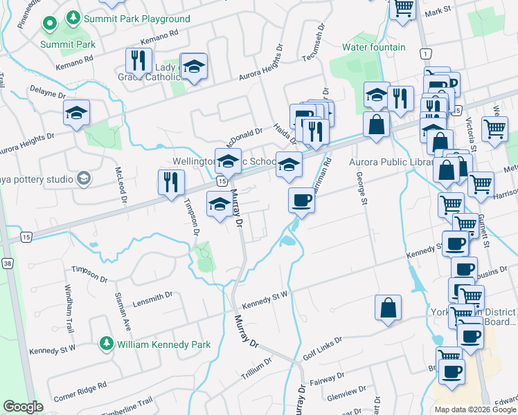 map of restaurants, bars, coffee shops, grocery stores, and more near 155 Milestone Crescent in Aurora