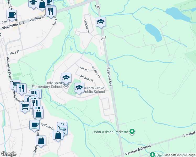 map of restaurants, bars, coffee shops, grocery stores, and more near 112 October Lane in Aurora