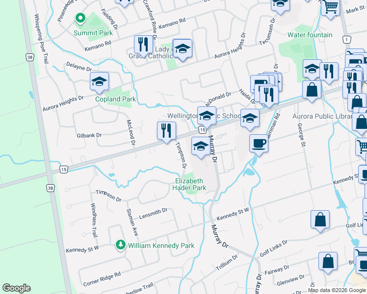 map of restaurants, bars, coffee shops, grocery stores, and more near 35 Timpson Drive in Aurora