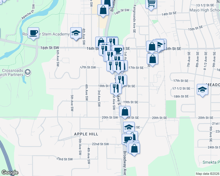 map of restaurants, bars, coffee shops, grocery stores, and more near 1755 Broadway Avenue South in Rochester