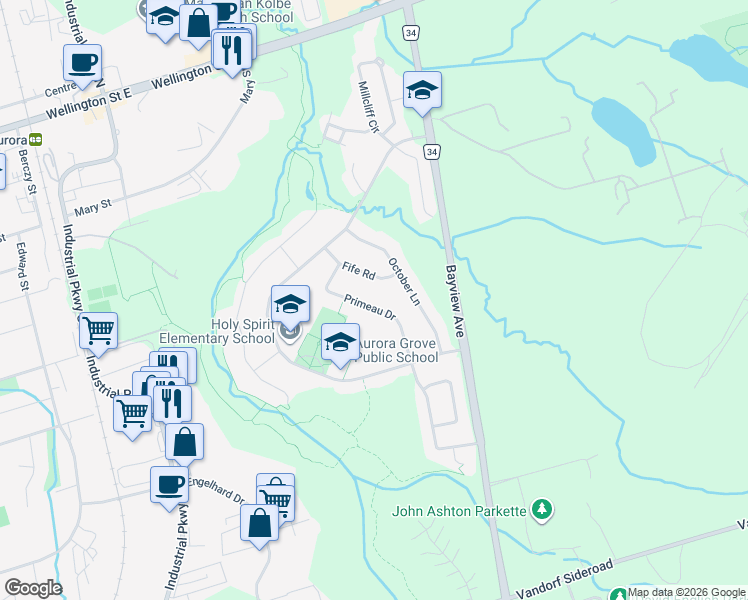 map of restaurants, bars, coffee shops, grocery stores, and more near 91 Primeau Drive in Aurora