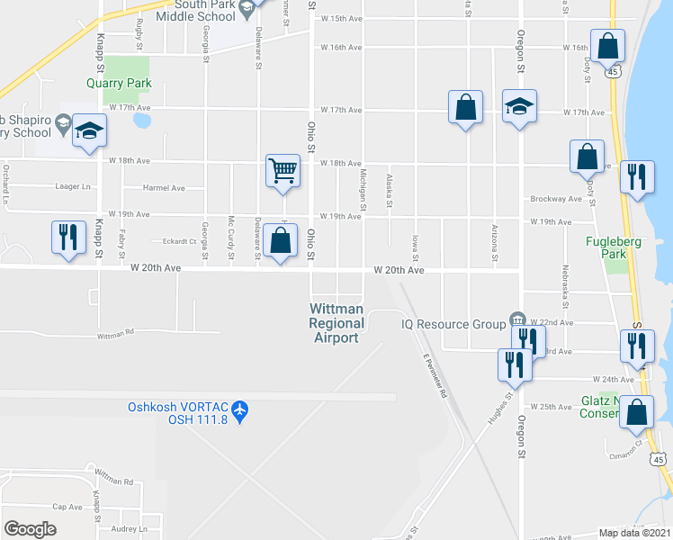 map of restaurants, bars, coffee shops, grocery stores, and more near W 20th Ave in Oshkosh