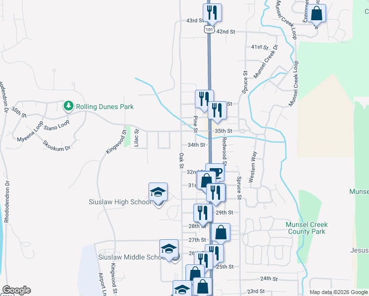 map of restaurants, bars, coffee shops, grocery stores, and more near 3447 Oak Street in Florence