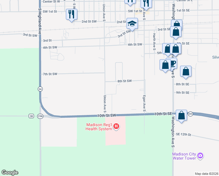 map of restaurants, bars, coffee shops, grocery stores, and more near 391-499 8th Street Southwest in Madison