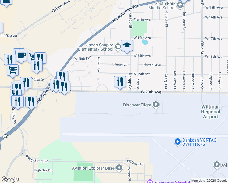 map of restaurants, bars, coffee shops, grocery stores, and more near 1040 West 20th Avenue in Oshkosh
