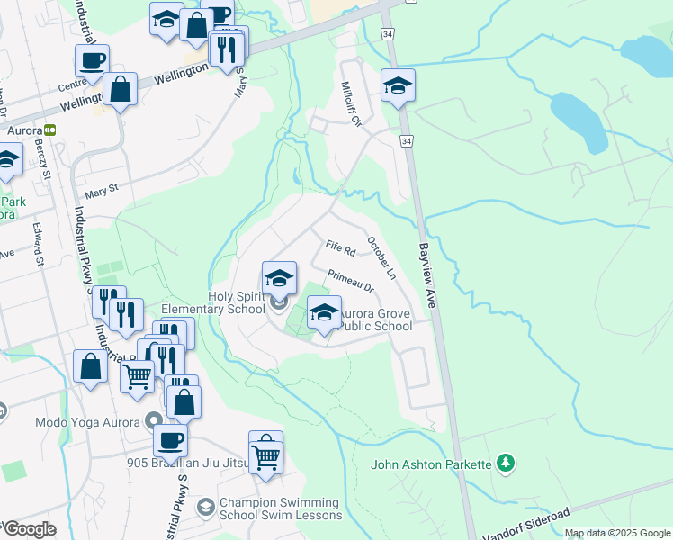 map of restaurants, bars, coffee shops, grocery stores, and more near 71 Primeau Drive in Aurora
