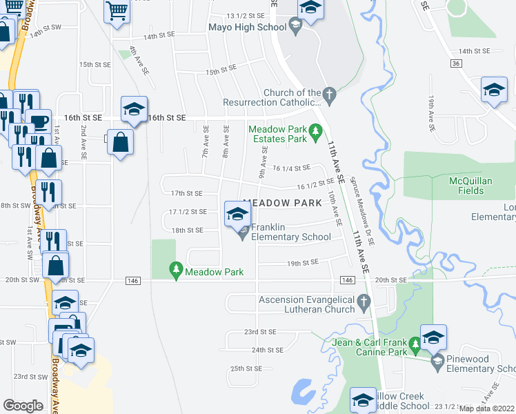 map of restaurants, bars, coffee shops, grocery stores, and more near 1698 9th Avenue Southeast in Rochester