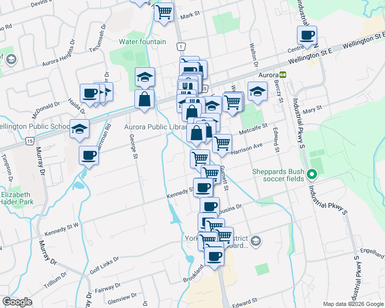 map of restaurants, bars, coffee shops, grocery stores, and more near 15124 Yonge Street in Aurora