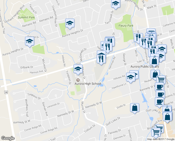map of restaurants, bars, coffee shops, grocery stores, and more near 147 Wellington Street in Aurora