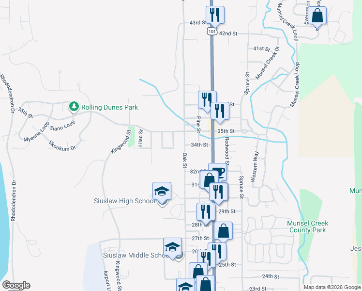 map of restaurants, bars, coffee shops, grocery stores, and more near 3447 Oak Street in Florence