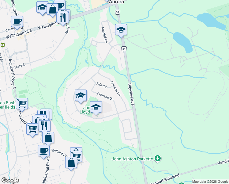 map of restaurants, bars, coffee shops, grocery stores, and more near 94 October Lane in Aurora