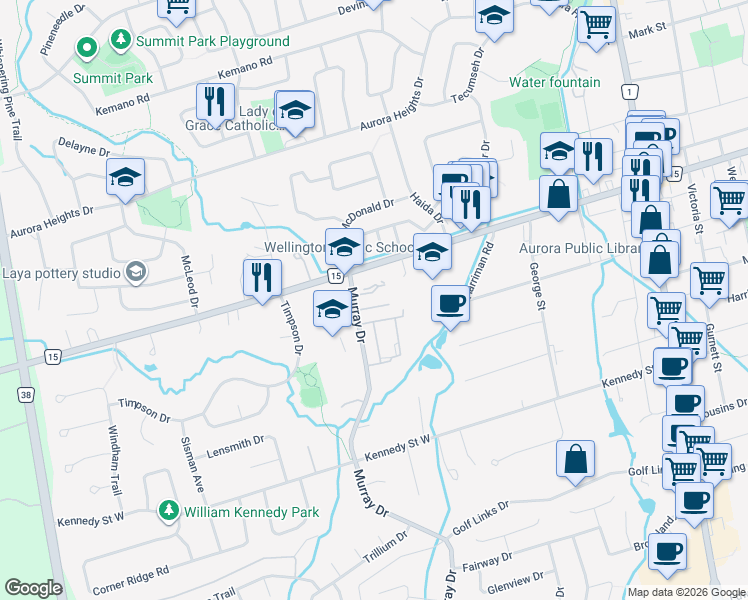 map of restaurants, bars, coffee shops, grocery stores, and more near 147 Wellington Street West in Aurora