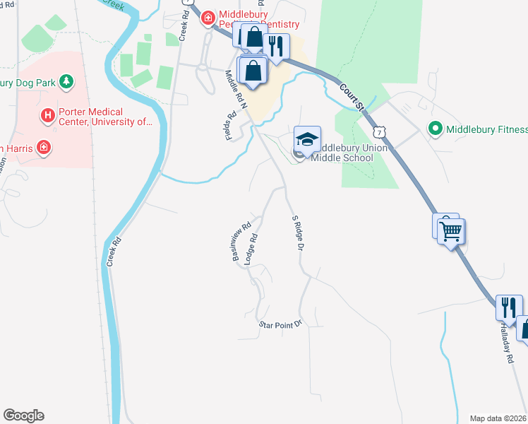 map of restaurants, bars, coffee shops, grocery stores, and more near 65 Gardner Close in Middlebury