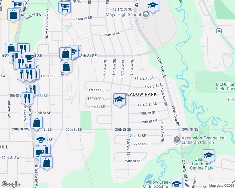 map of restaurants, bars, coffee shops, grocery stores, and more near 1665 8 1/2 Avenue Southeast in Rochester