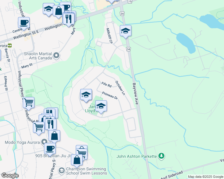 map of restaurants, bars, coffee shops, grocery stores, and more near 68 Fife Road in Aurora