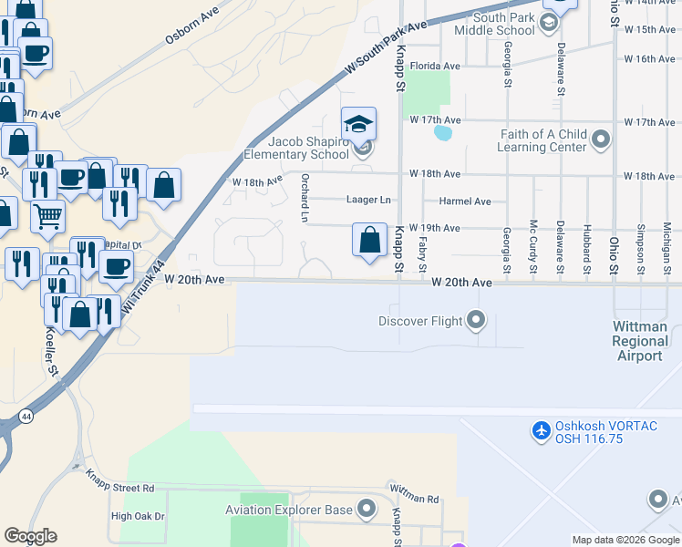 map of restaurants, bars, coffee shops, grocery stores, and more near 1112 West 20th Avenue in Oshkosh