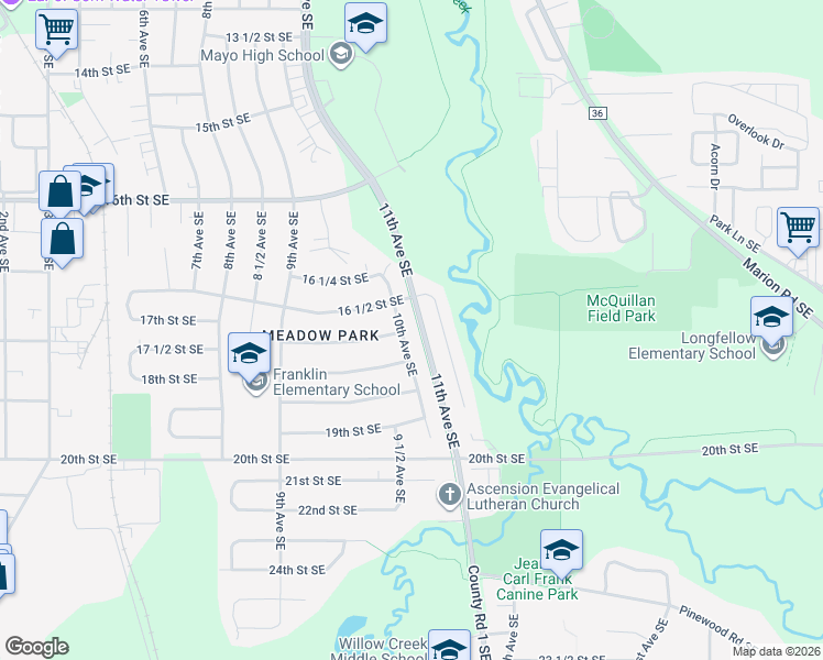 map of restaurants, bars, coffee shops, grocery stores, and more near 1665 10th Avenue Southeast in Rochester