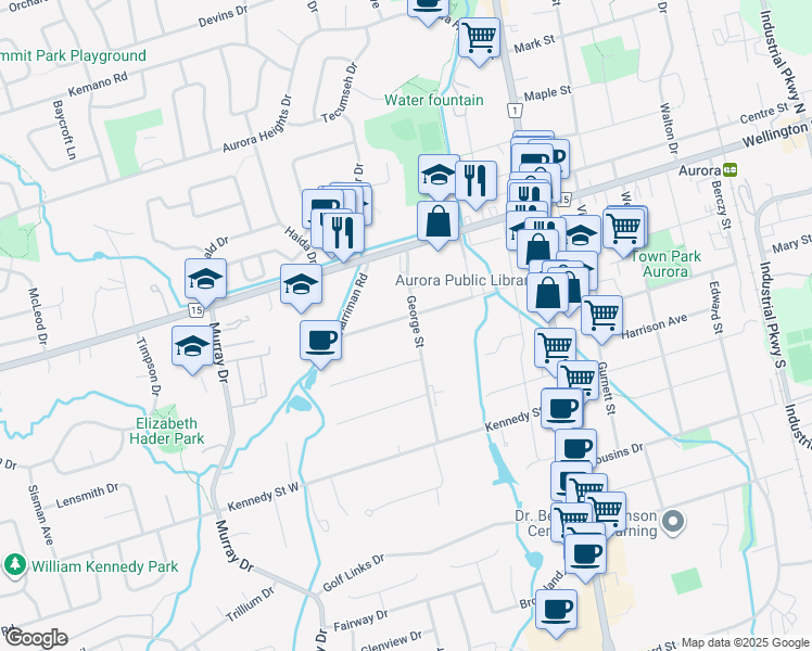 map of restaurants, bars, coffee shops, grocery stores, and more near 85 Tyler Street in Aurora