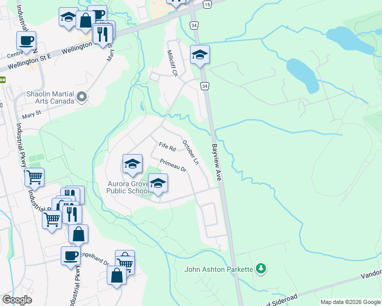 map of restaurants, bars, coffee shops, grocery stores, and more near October Lane in Aurora