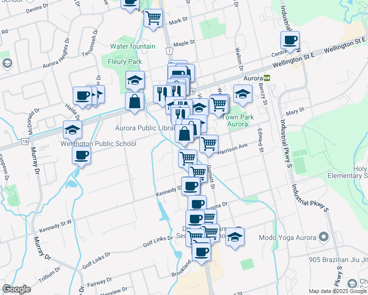 map of restaurants, bars, coffee shops, grocery stores, and more near 15140 Yonge Street in Aurora