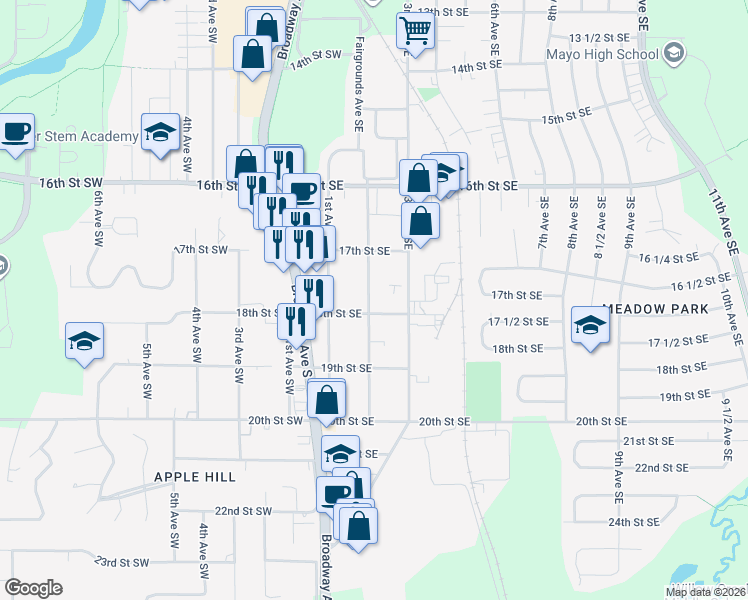 map of restaurants, bars, coffee shops, grocery stores, and more near 1748 2nd Avenue Southeast in Rochester