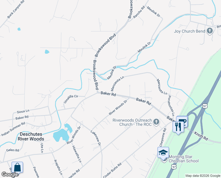 map of restaurants, bars, coffee shops, grocery stores, and more near 19552 Manzanita Lane in Bend
