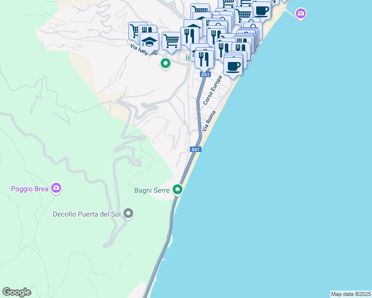 map of restaurants, bars, coffee shops, grocery stores, and more near 42 Via Amerigo Vespucci in Alassio