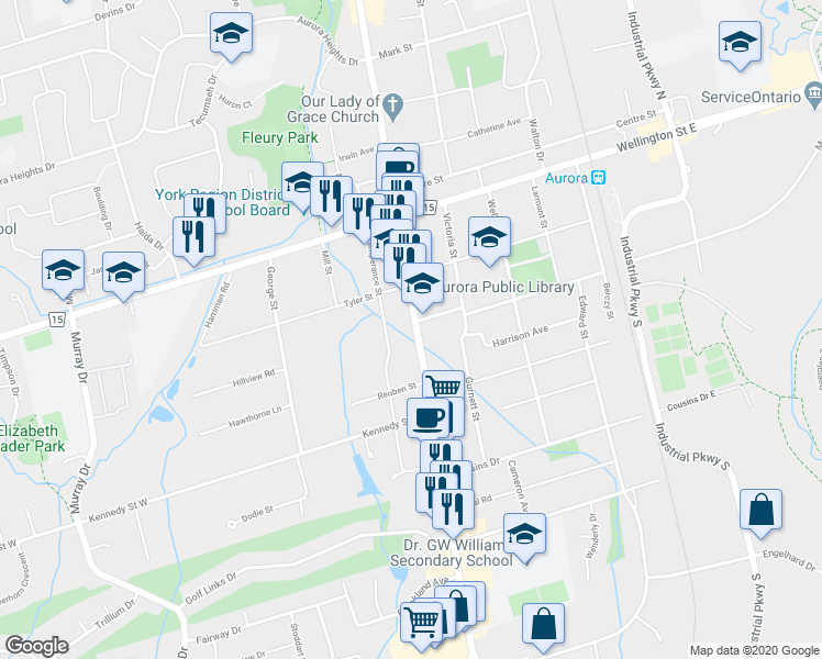 map of restaurants, bars, coffee shops, grocery stores, and more near 15124 Yonge Street in Aurora
