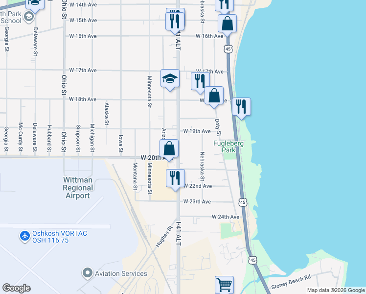 map of restaurants, bars, coffee shops, grocery stores, and more near 1936 Oregon Street in Oshkosh