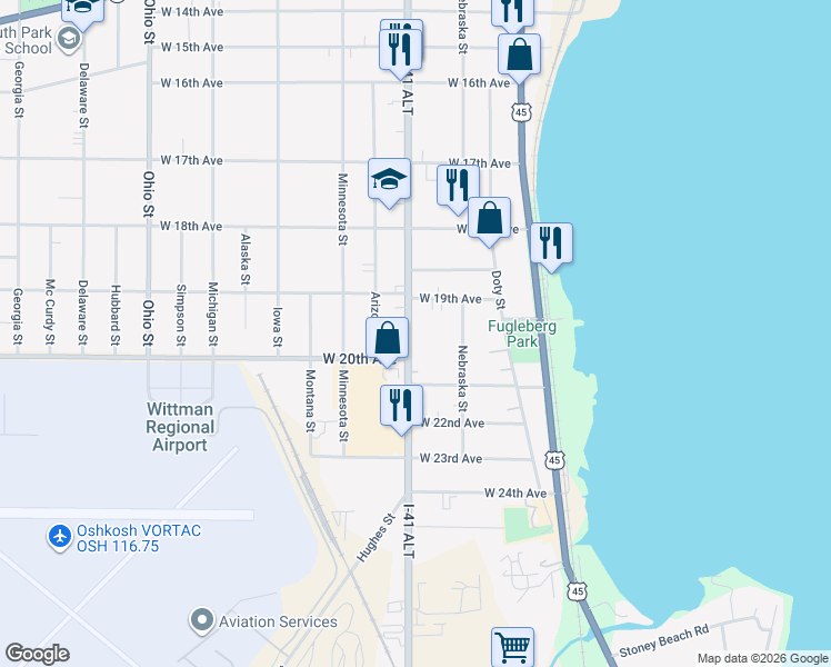 map of restaurants, bars, coffee shops, grocery stores, and more near 1936 Oregon Street in Oshkosh