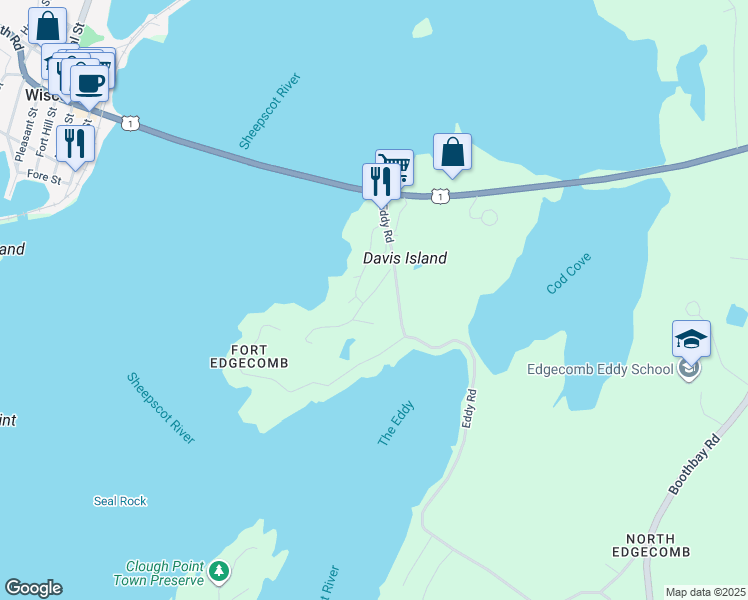 map of restaurants, bars, coffee shops, grocery stores, and more near 32 West Island Way in Edgecomb