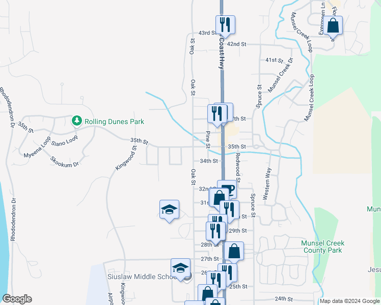 map of restaurants, bars, coffee shops, grocery stores, and more near 3447 Oak Street in Florence