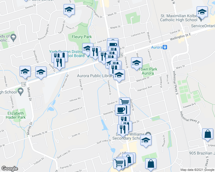 map of restaurants, bars, coffee shops, grocery stores, and more near 78 Temperance Street in Aurora