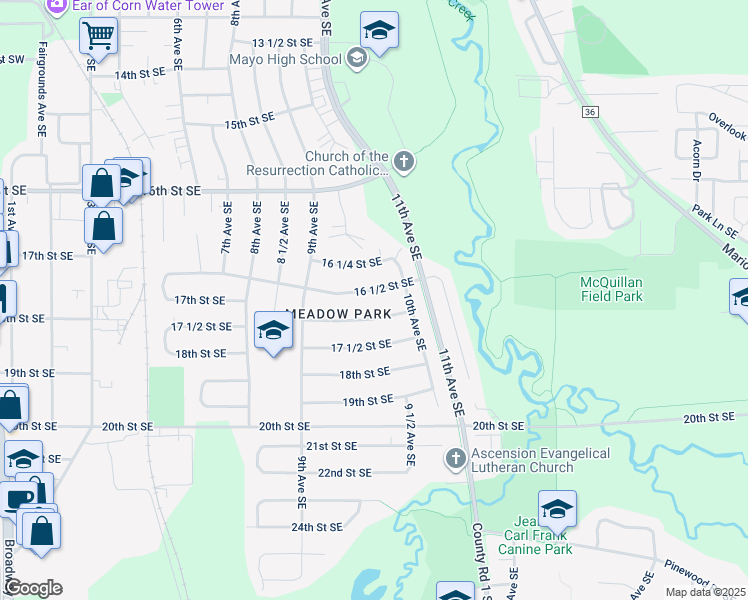 map of restaurants, bars, coffee shops, grocery stores, and more near 968 16 1/2 Street Southeast in Rochester