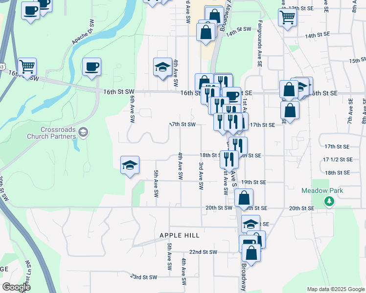 map of restaurants, bars, coffee shops, grocery stores, and more near 1742 4th Avenue Southwest in Rochester