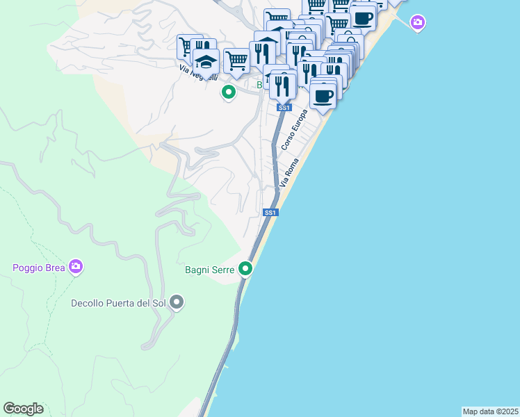 map of restaurants, bars, coffee shops, grocery stores, and more near 42 Via Amerigo Vespucci in Alassio
